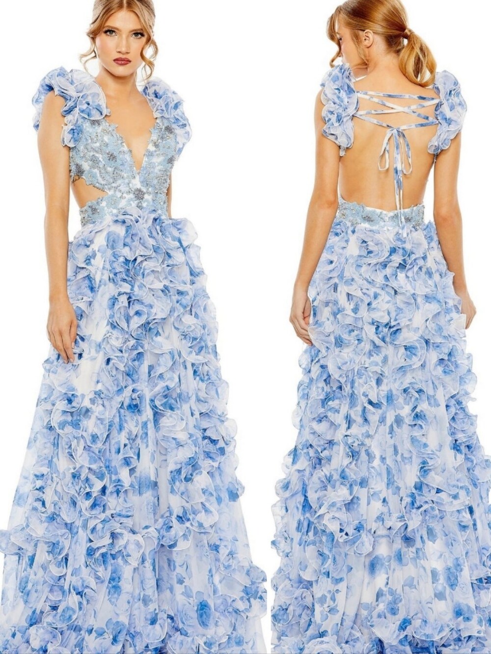 NWT Mac Duggal Floral Lace Up Tie Back Ruffle Shoulder Embellished Gown